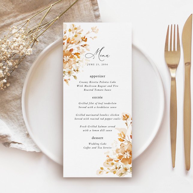 Terracotta Floral Elegant Wedding Reception Dinner Menükarte (Terracotta floral wedding menu with elegant script, burnt orange watercolor, reception table setting)