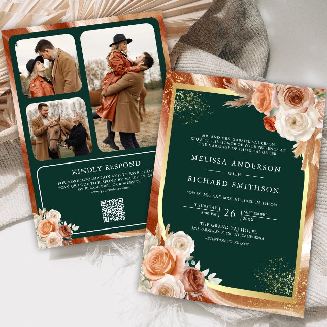 Terracotta Floral Emerald Foto QR Code Wedding Einladung (Von Creator hochgeladen)