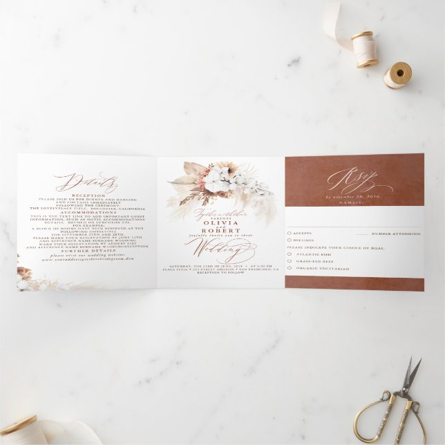 Terracotta Floral Exotic Modern Boho Wedding Dreifach Gefaltete Einladung (Innenseite)
