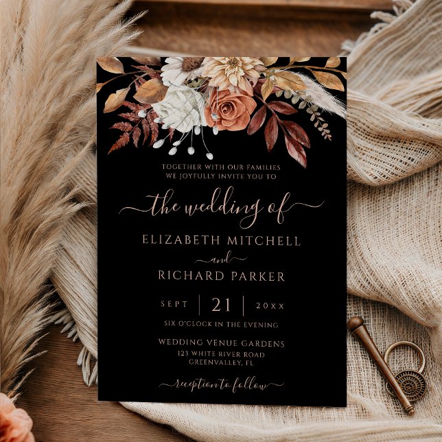 Terracotta Floral Fall Foliage Moody Black Wedding Einladung (Von Creator hochgeladen)