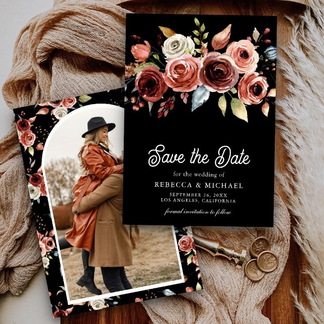 Terracotta Floral Foto Black Wedge Save The Date (Von Creator hochgeladen)