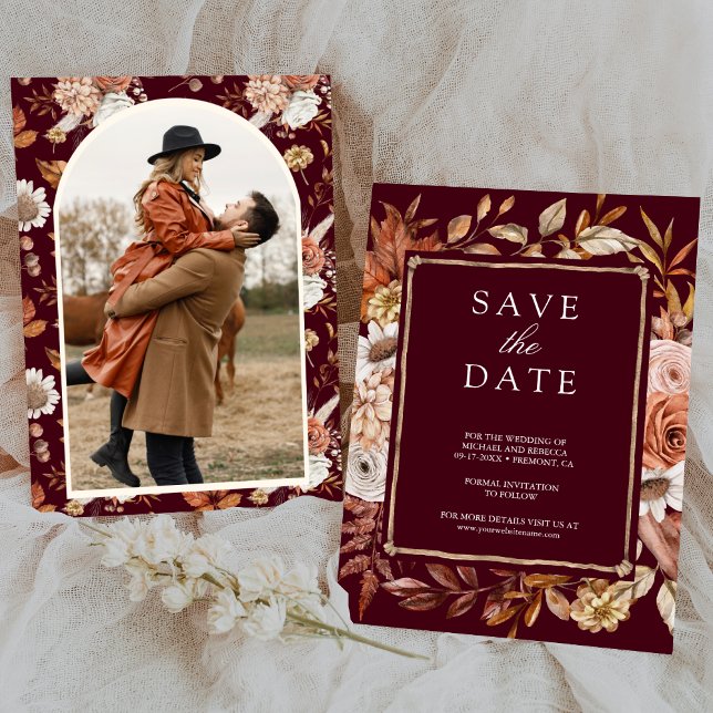 Terracotta Floral Foto Burgundy Wedding Save The Date (Von Creator hochgeladen)