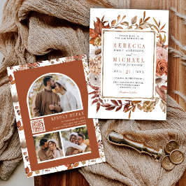 Terracotta Floral Foto Collage QR Code Hochzeit Einladung