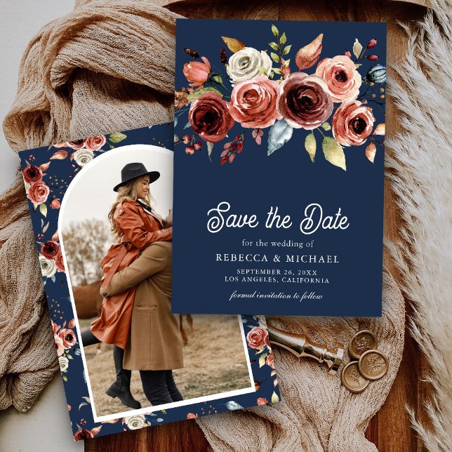 Terracotta Floral Foto Navy Blue Wedding Save The Date (Von Creator hochgeladen)