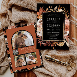 Terracotta Floral Foto QR Code Black Wedding Einladung