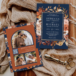 Terracotta Floral Foto QR Code Navy Blue Wedding Einladung