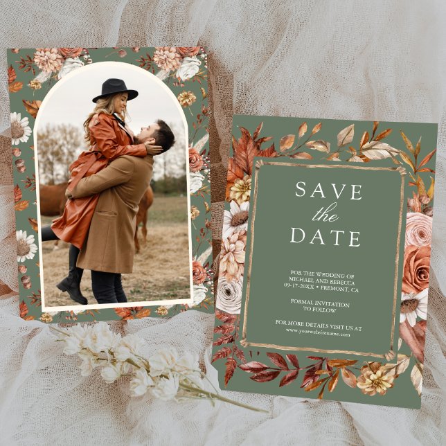Terracotta Floral Foto Sage Green Wedding Save The Date (Von Creator hochgeladen)