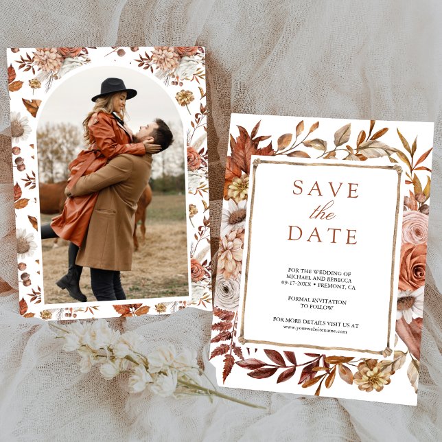 Terracotta Floral Foto Wedding Save The Date (Von Creator hochgeladen)