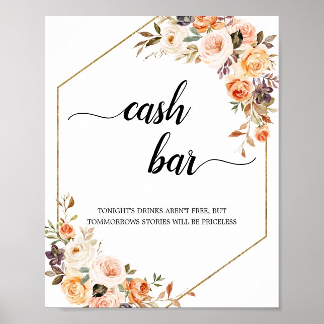 Terracotta Floral Geometrie Cash Bar Sign Poster (Vorne)