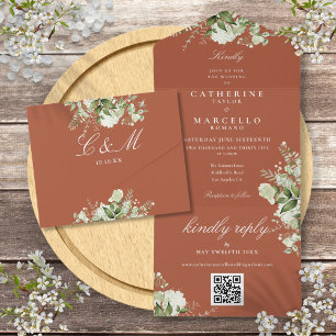 Terracotta Floral Greenery QR Code Wedding All In One Einladung