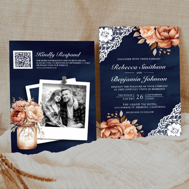 Terracotta Floral Lace Navy Blue QR Code Hochzeit Einladung (Von Creator hochgeladen)