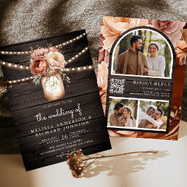 Terracotta Floral Mason Jar Wood QR Code Wedding Einladung