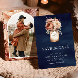 Terracotta Floral Navy Blauer Foto Hochzeit Save The Date