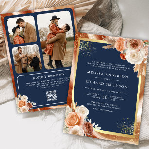 Terracotta Floral Navy Blue Foto QR Code Hochzeit Einladung