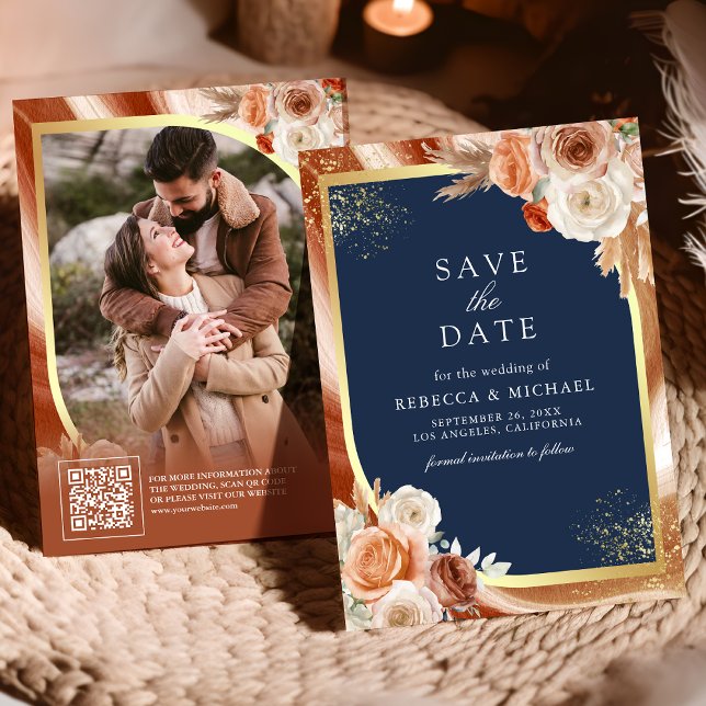 Terracotta Floral Navy Blue QR Code Foto Wedding Save The Date (Von Creator hochgeladen)