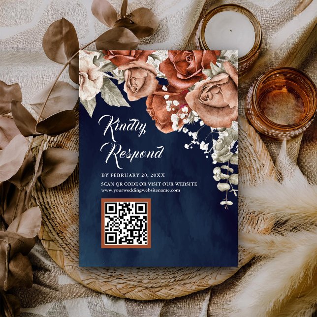 Terracotta Floral Navy Blue QR Code UAWG Wedding Begleitkarte (Von Creator hochgeladen)