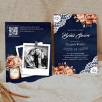 Terracotta Floral Navy Foto QR Code Brautparty