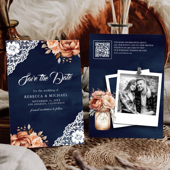 Terracotta Floral Navy Foto QR Code Hochzeit Save The Date (Von Creator hochgeladen)