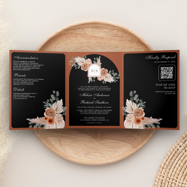 Terracotta Floral Pampas Black QR Code Wedding Dreifach Gefaltete Einladung (Von Creator hochgeladen)