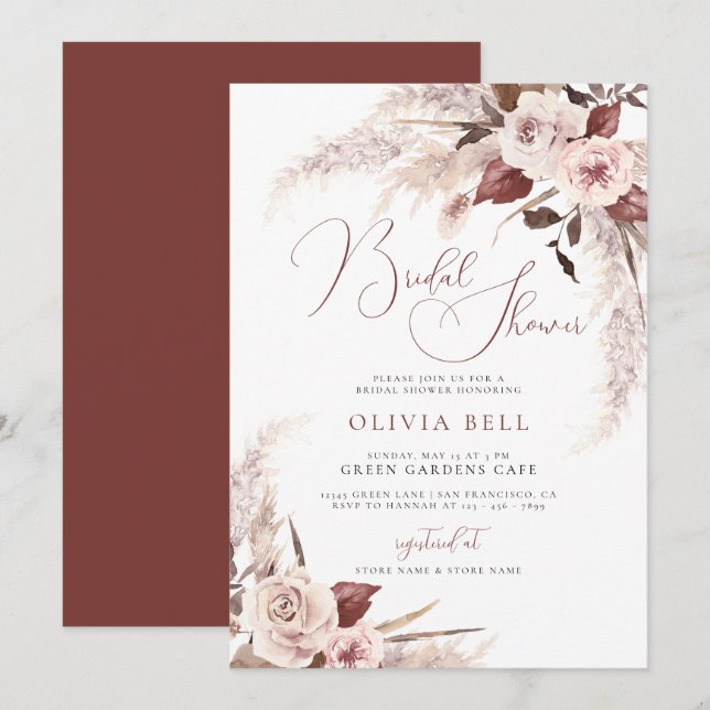 Terracotta Floral Pampas Earthy Boho Brautparty Einladung (Vorne/Hinten)