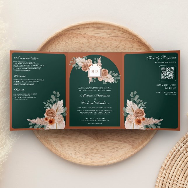 Terracotta Floral Pampas Emerald QR Code Wedding Dreifach Gefaltete Einladung (Von Creator hochgeladen)