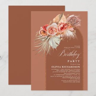 Terracotta Floral Pampas Grass Boho Geburtstagspar Einladung