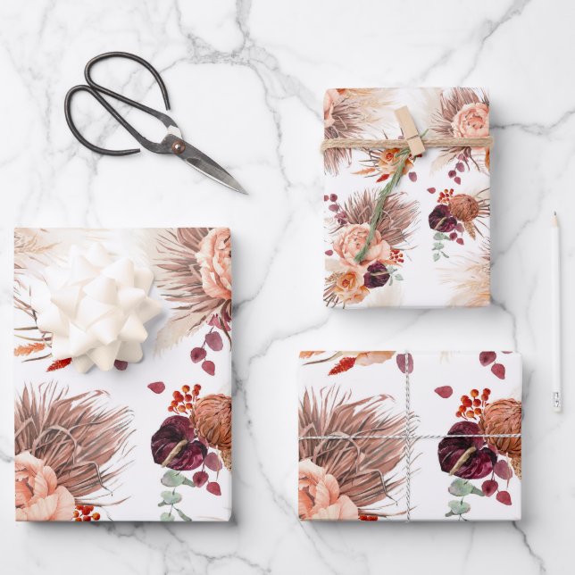 Terracotta Floral Pampas Grass Muster Elegante Geschenkpapier Set (Vorderseite)