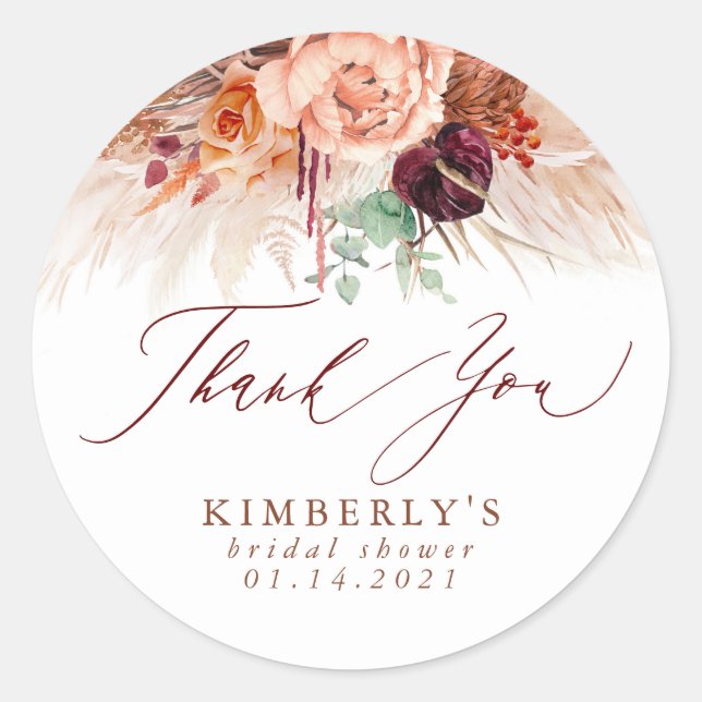 Terracotta Floral Pampas Grass Vielen Dank Runder Aufkleber (Vorderseite)