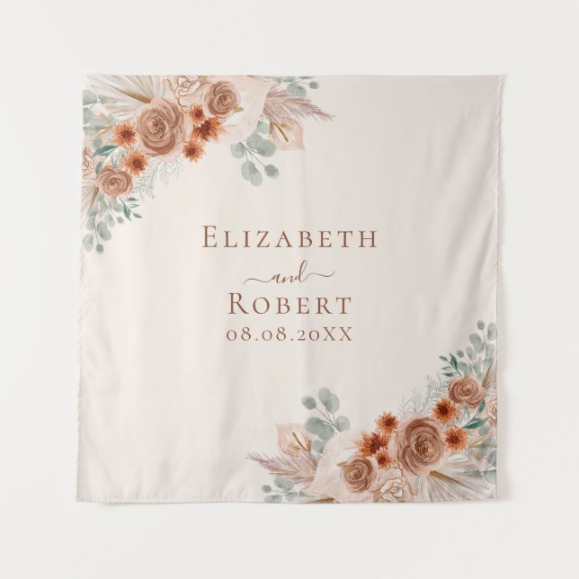 Terracotta Floral Pampas Grass Wedding Hintergrund Wandteppich (Vorderseite)