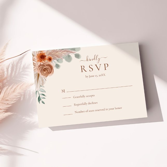 Terracotta Floral Pampas Grass Wedding RSVP Card Karte (Terracotta Floral Pampas Grass Wedding RSVP Card on a sunny table with dry botanicals)
