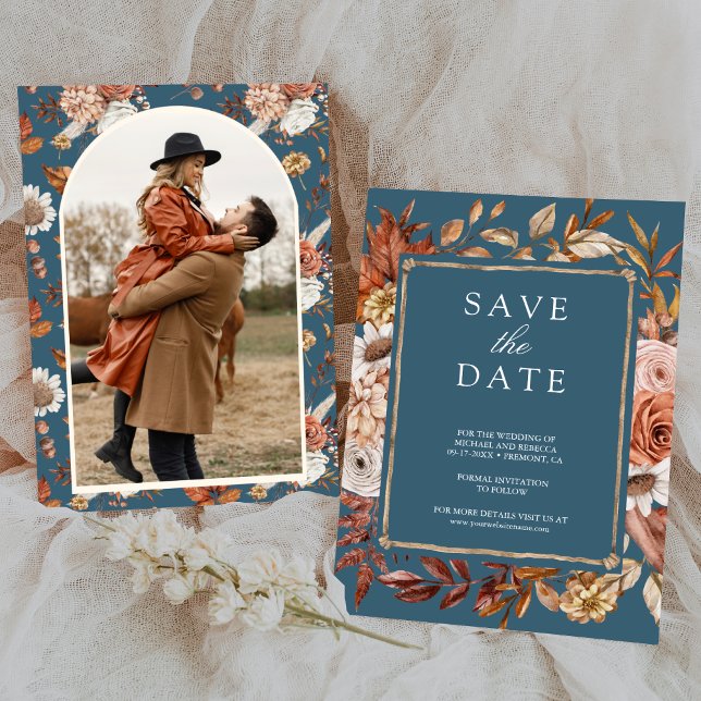 Terracotta Floral Photo Dusty Blue Wedding Save The Date (Von Creator hochgeladen)