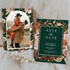 Terracotta Floral Photo Emerald Green Wedding Save The Date