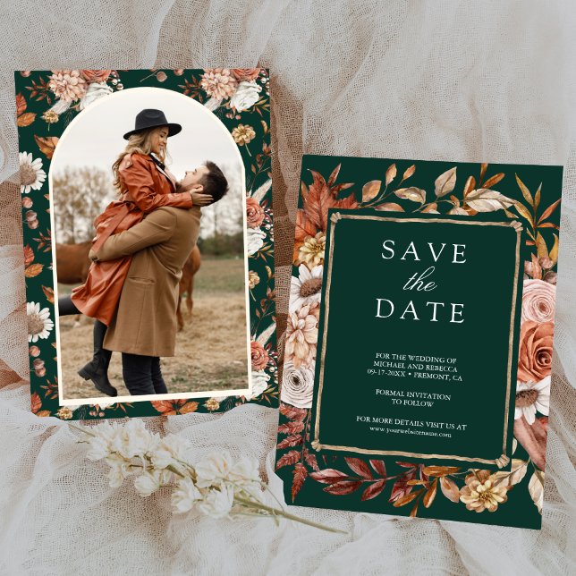 Terracotta Floral Photo Emerald Green Wedding Save The Date (Von Creator hochgeladen)