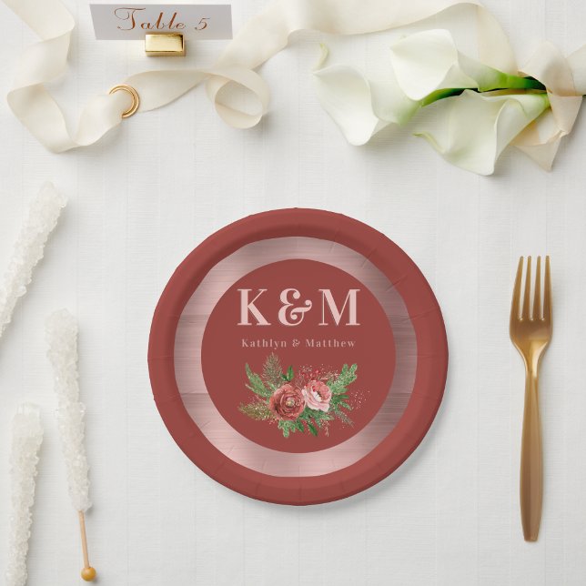 Terracotta Floral Pine Bough Wedding Monogram Pappteller (Von Creator hochgeladen)