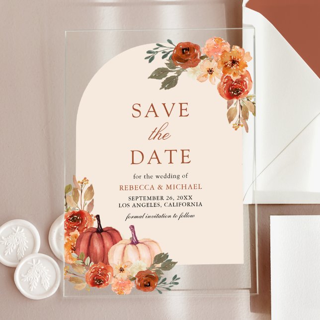 Terracotta Floral Pumpkin Wedding Save the Date Acryleinladungen (Von Creator hochgeladen)