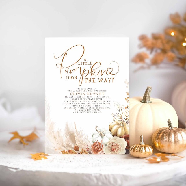 Terracotta Floral Pumpkins Fall Baby Dusche Einladung (A Little Pumpkin Is On The Way - Cute Earthy Floral Pampas Grass Baby Shower Invitations)