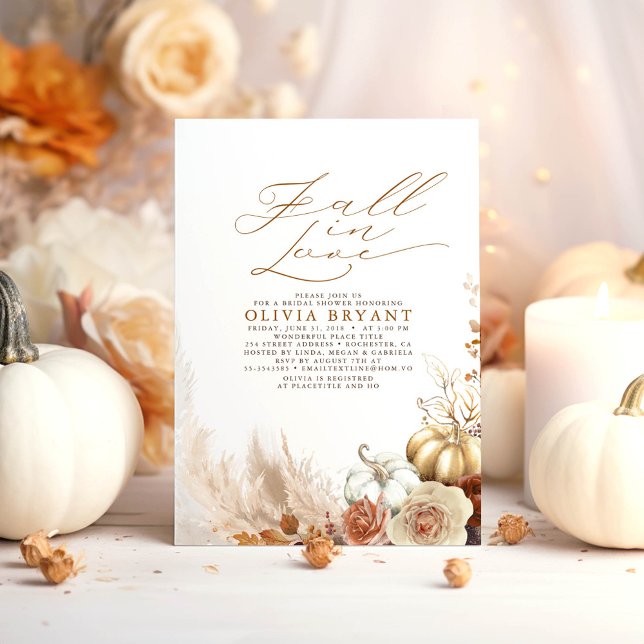 Terracotta Floral Pumpkins Fall Brautparty Einladung (Fall in Love Bridal Shower Invitations featuring Earthy Flowers and Gold Pumpkins)