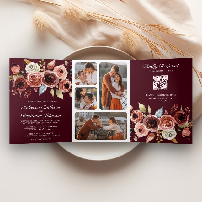 Terracotta Floral QR Code Burgundy Wedding Dreifach Gefaltete Einladung (Von Creator hochgeladen)