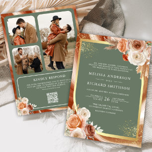 Terracotta Floral Sage Green Foto QR Code Hochzeit Einladung