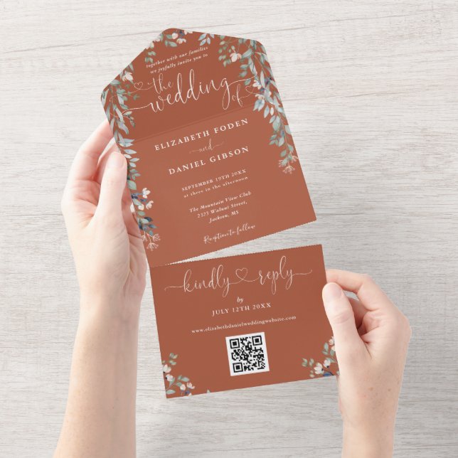 Terracotta Floral Script Herz QR Code Hochzeit All In One Einladung (Abreißen)