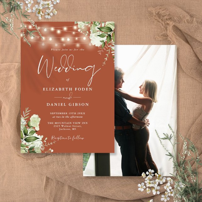 Terracotta Floral String Lights Foto Wedding Einladung (Terracotta Floral String Lights Photo Wedding Invitation)