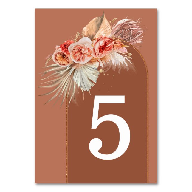Terracotta Floral Tischnummer Cards (Vorderseite)