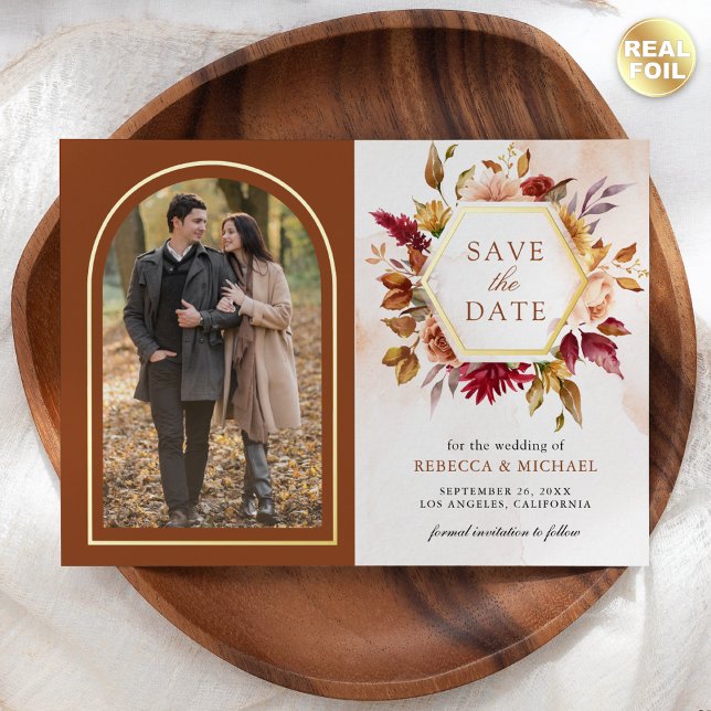 Terracotta Floral Wedding Foto Save the Date Karte (Von Creator hochgeladen)
