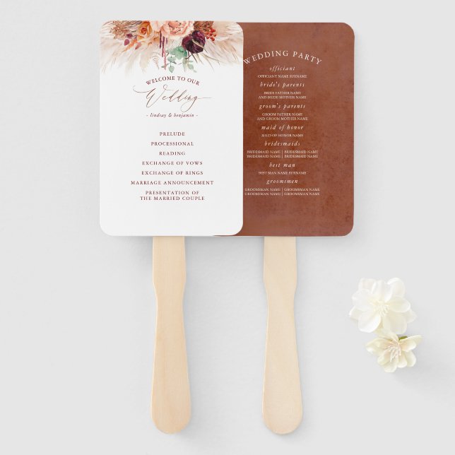 Terracotta Floral Wedding Program Hand Fan Fächer (Vorne und Hinten)