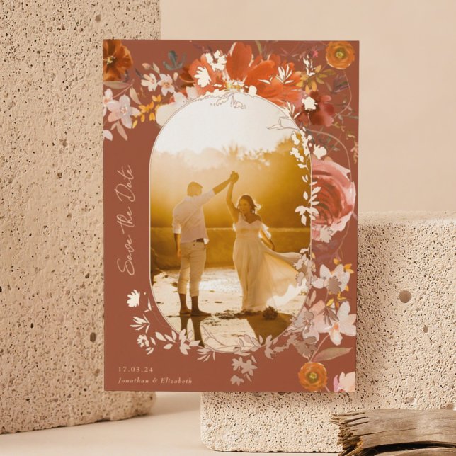 Terracotta Floral Wedding Rose Foto Save the Date Folieneinladung (Von Creator hochgeladen)