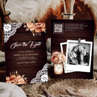 Terracotta Floral Wood Foto QR Code Wedding