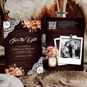 Terracotta Floral Wood Foto QR Code Wedding Save The Date
