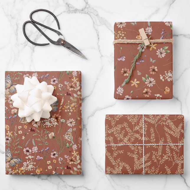 Terracotta Floral Wrapping Paper Geschenkpapier Set (Terracotta Floral Boho Wrapping Paper by Painted Paperie
)