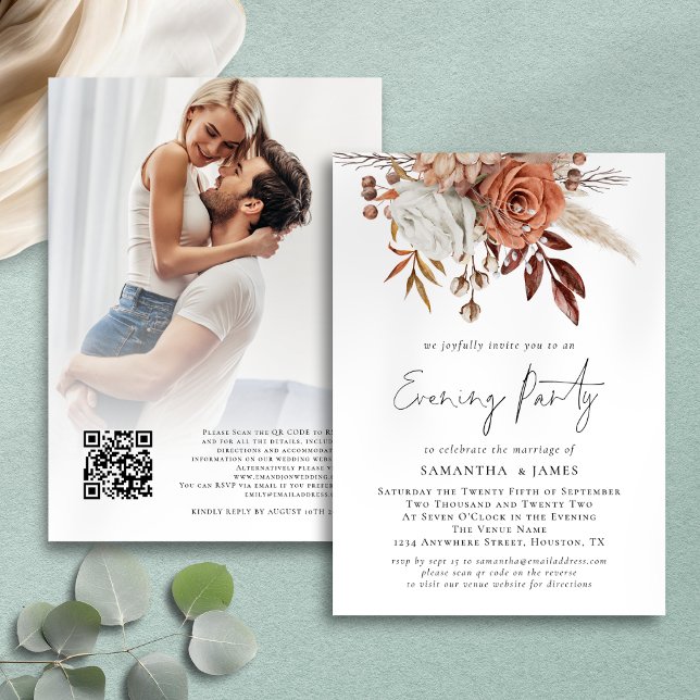 Terracotta Florals Foto Wedding Abend Party Einladung (Front and back view)