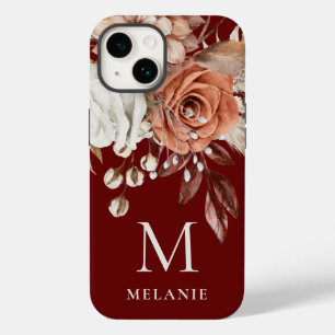 Terracotta Florals Monogram, Anfangsname Burgundy Case-Mate iPhone 14 Hülle